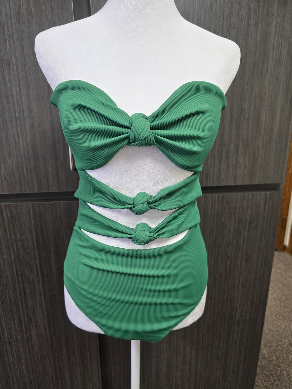 Aerie One Piece Cheeky Swimsuit Women's Medium Green Ribbed Cutout Knot Front